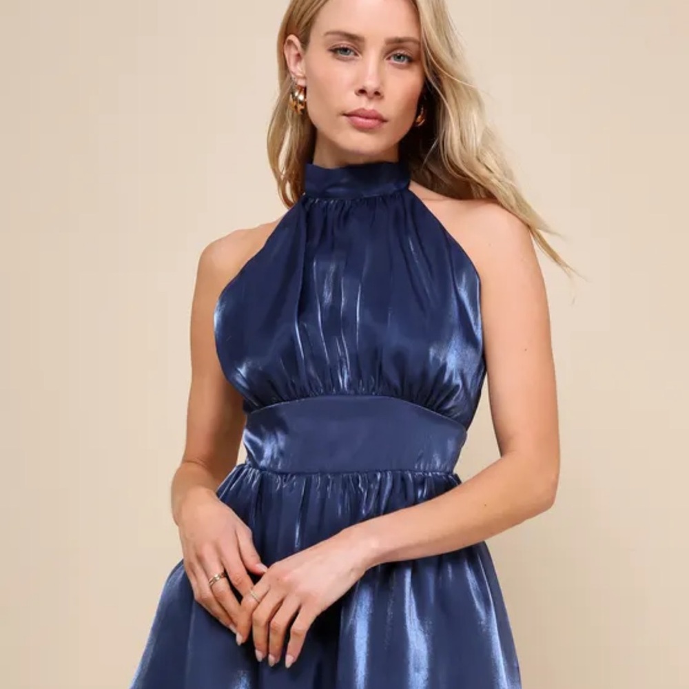 Elegant Navy Blue Halter Dress